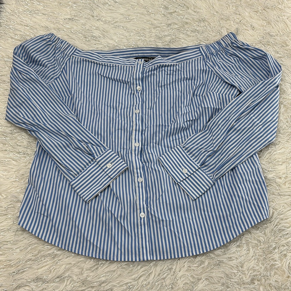 Express Off The Shoulder Button Down Stripes - image 1